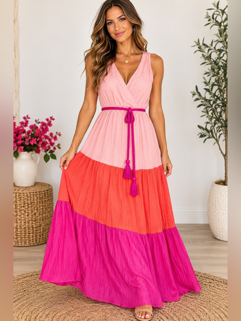 Flying Tomato Colorblock Pink Tiered Maxi Dress with Tassel Belt size large
